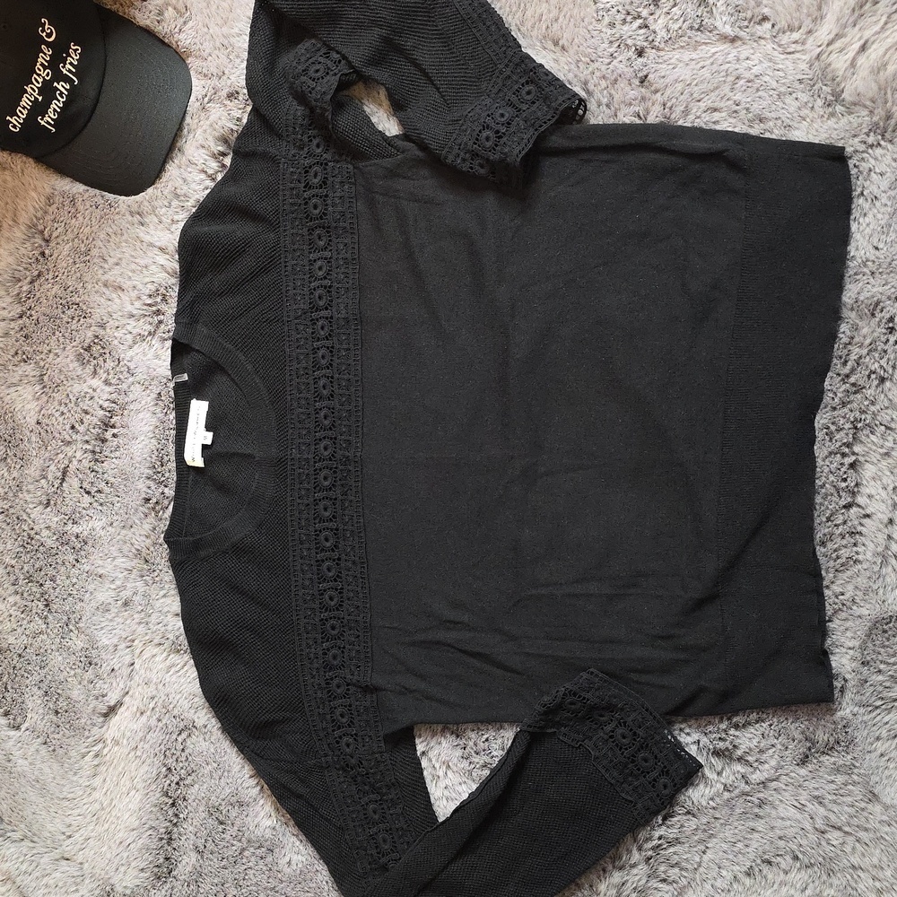 White + Warren Black Crewneck Sweater with Lace Trim